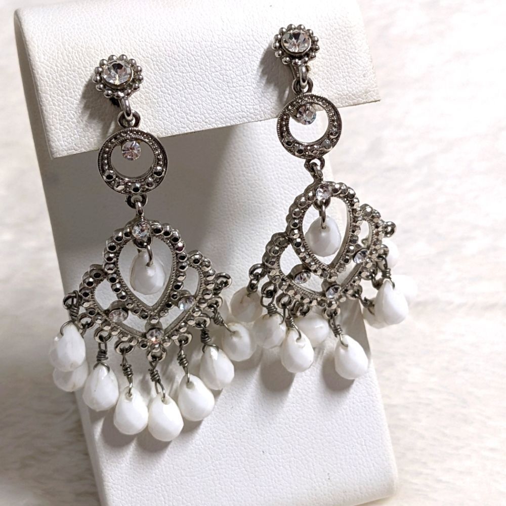 Vintage Rhinestone & White Acrylic Bead Chandelier Clip Earrings